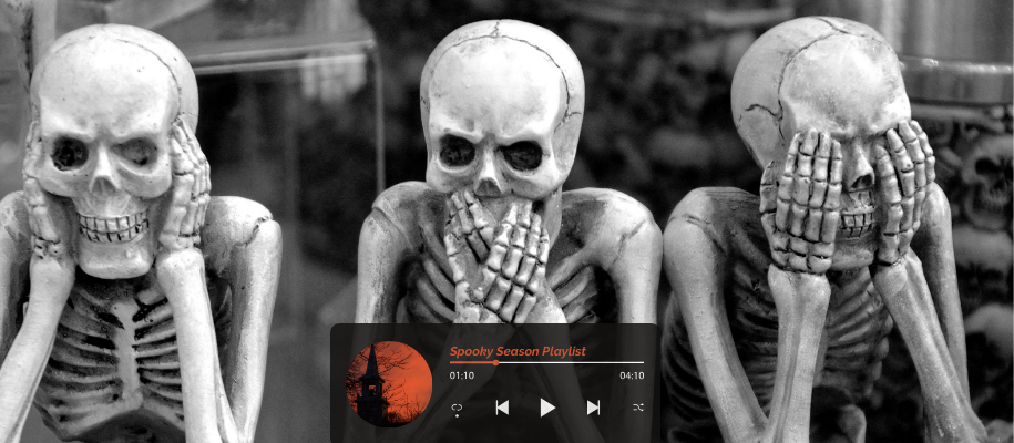 Three skeletons make hear, speak, and see no evil faces with playlist overlay