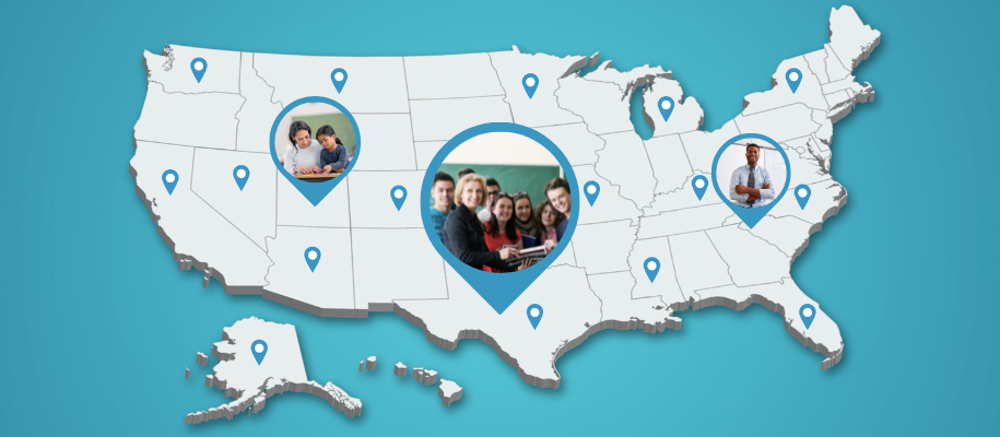 US map with blue pins all over, big pins with pictures of students and teachers