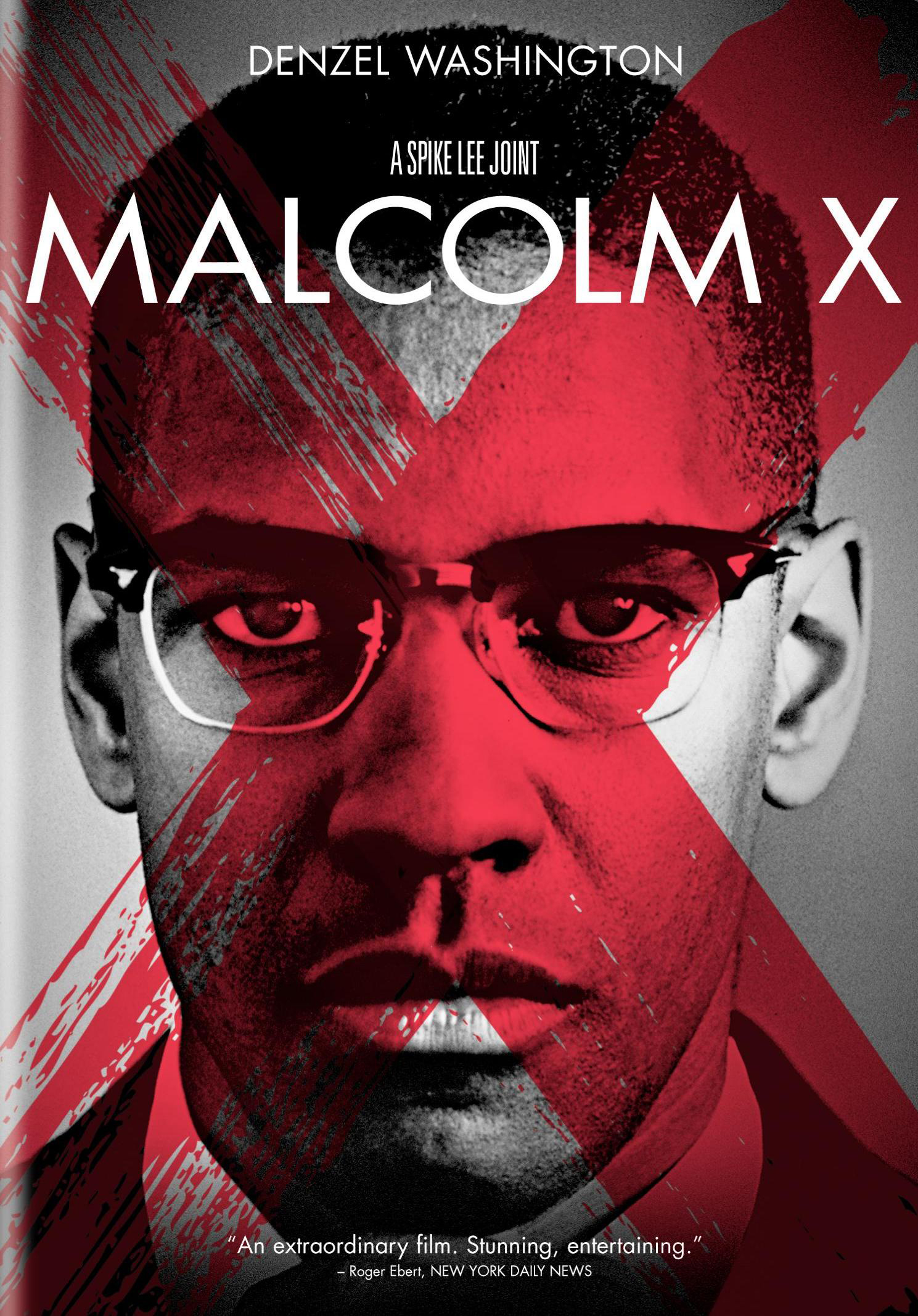 Poster for Malcolm X, face of a young Malcolm X in glasses with red X over face