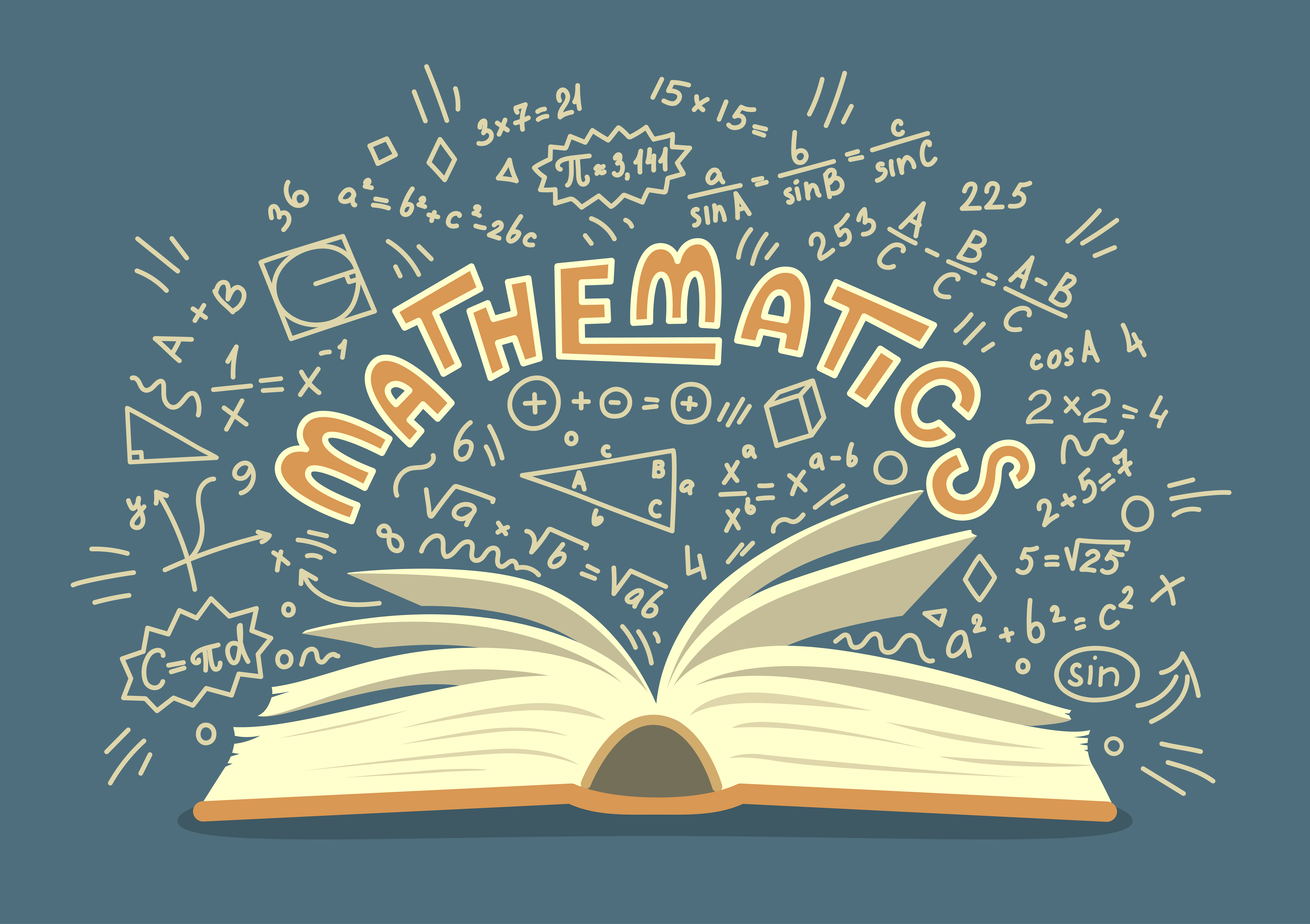 Image of open book with word mathematics and math formulas related to it coming out