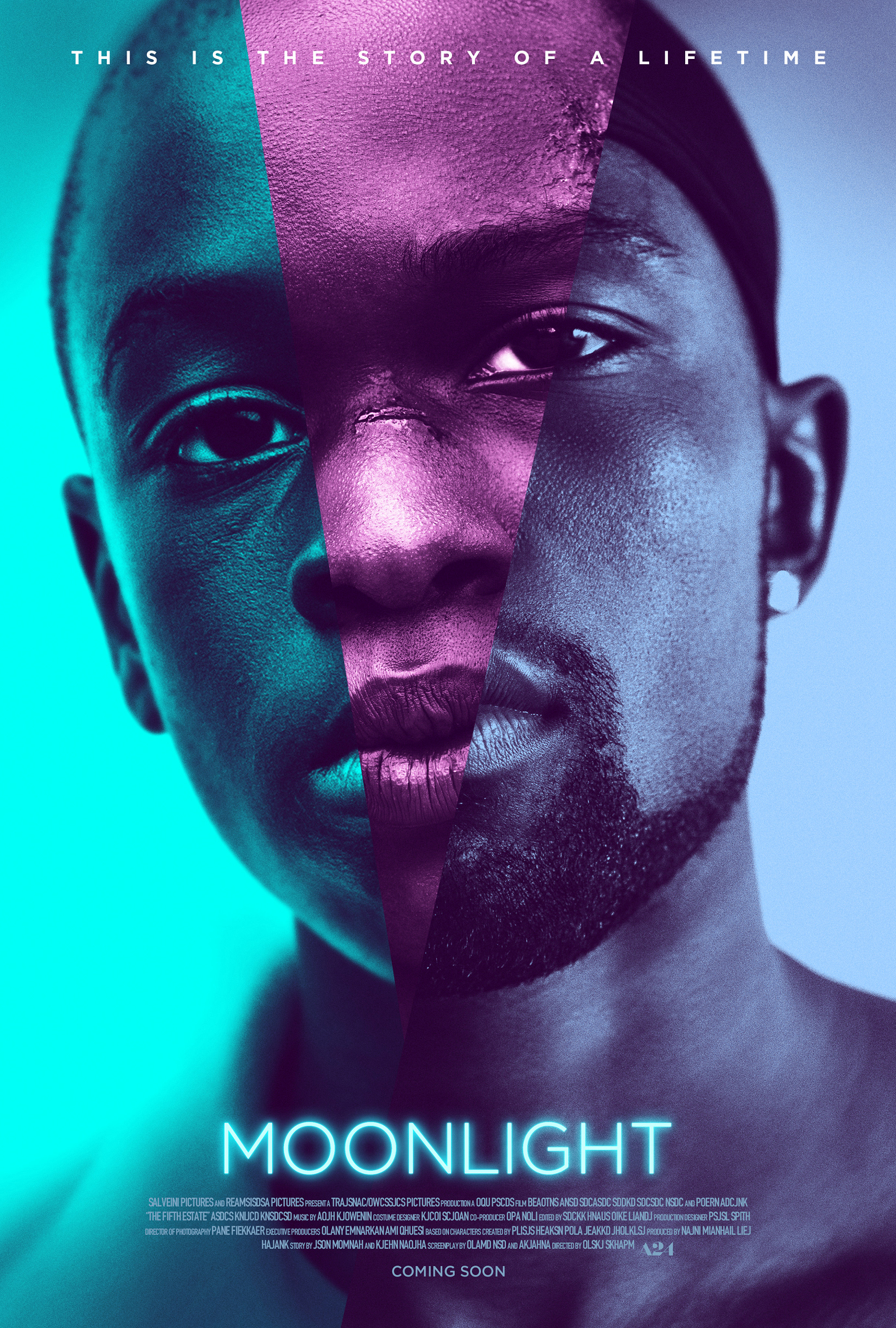 Poster for film Moonlight, Black mans face with colorful triangles across it