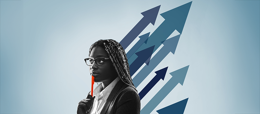 Black girl with braids, glasses holding red pen to lip, arrows coming out behind