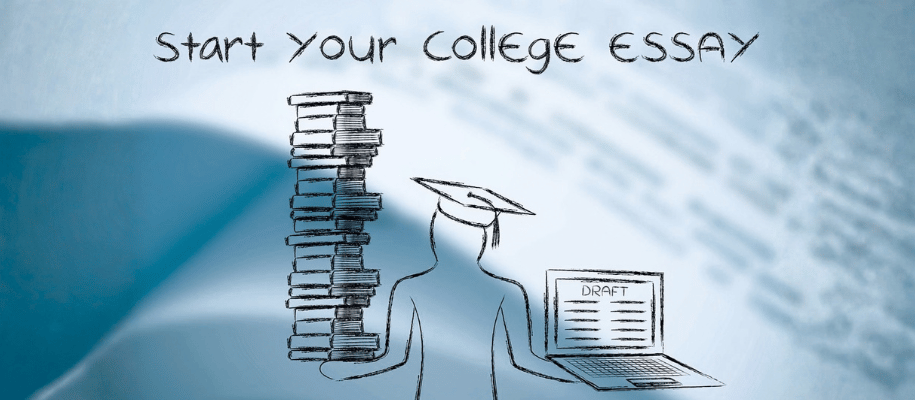 Illustrated grad with stack of books, laptop. Headline: Start your college essay