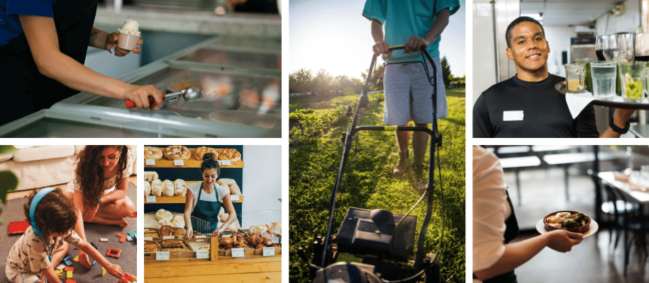 Collage: scooping ice cream, babysitting, bakery, lawn mowing, server, waiter