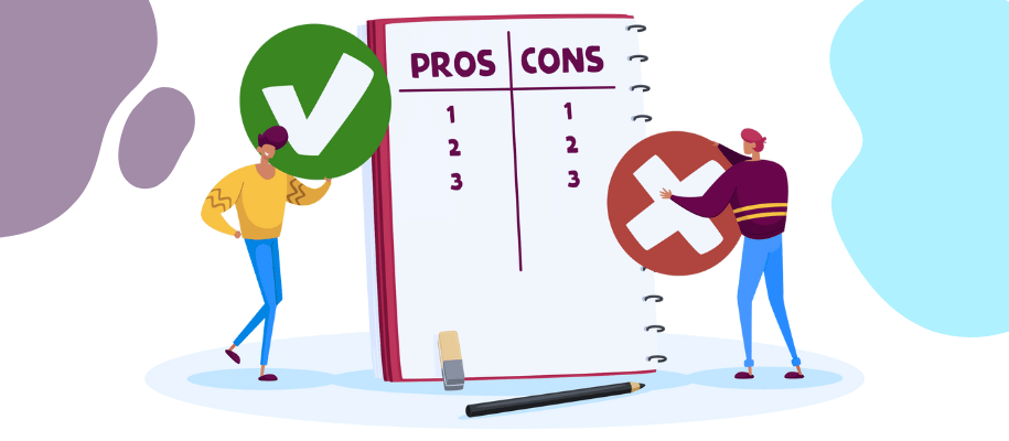 Illustration of two figures adding checkmarks and x's to pro and con list