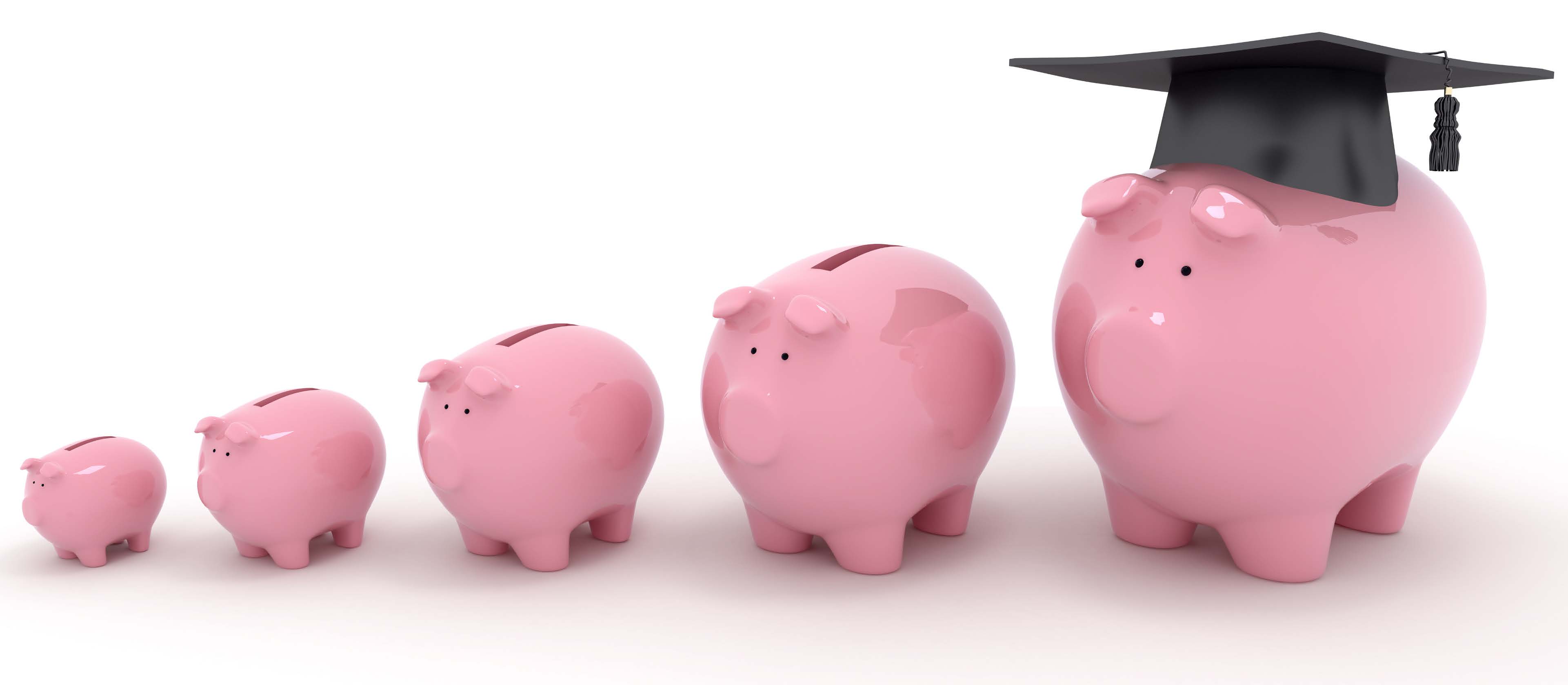 Five piggy banks in descending size order with biggest wearing graduation cap