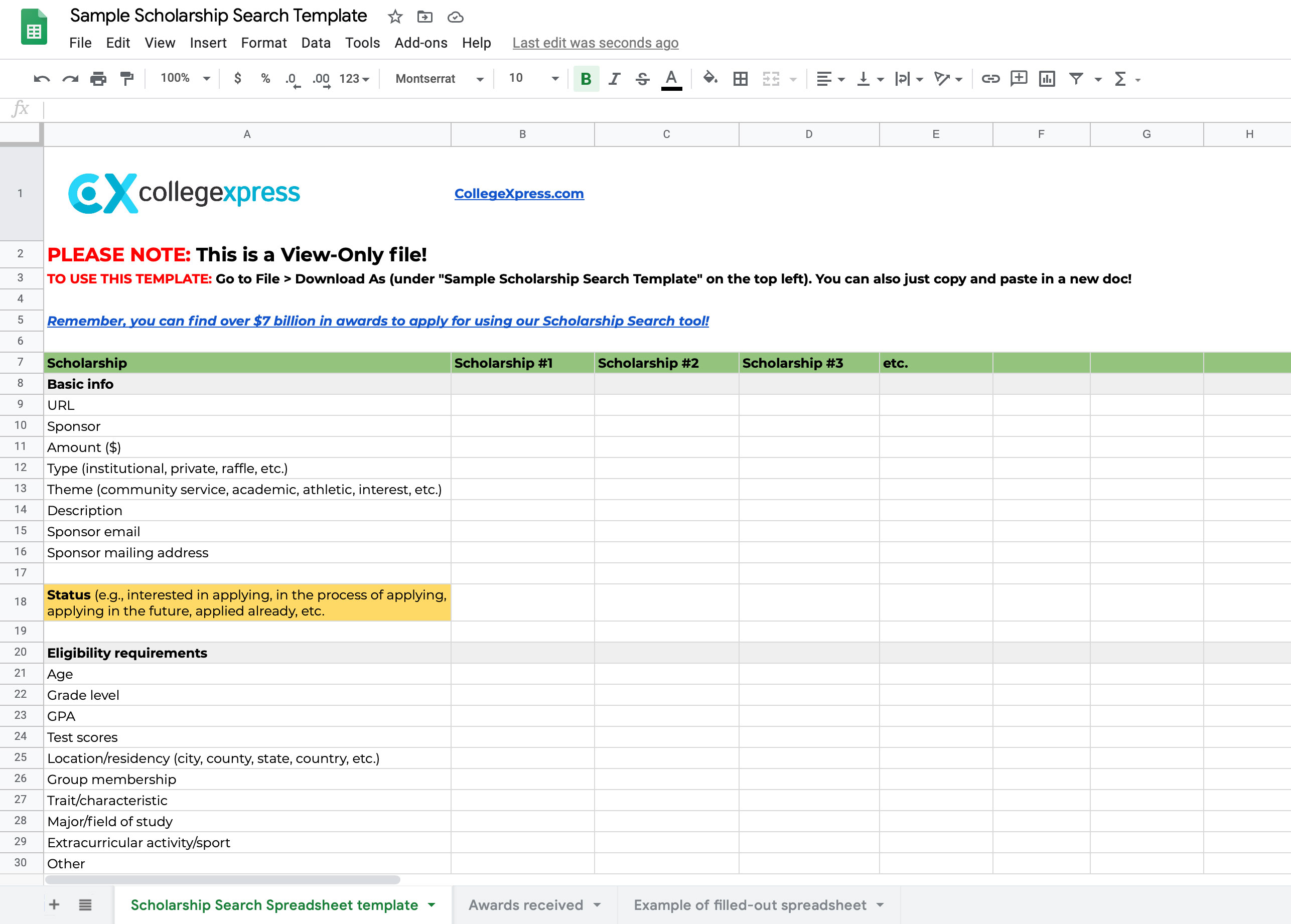 Scholarship Search Spreadsheet