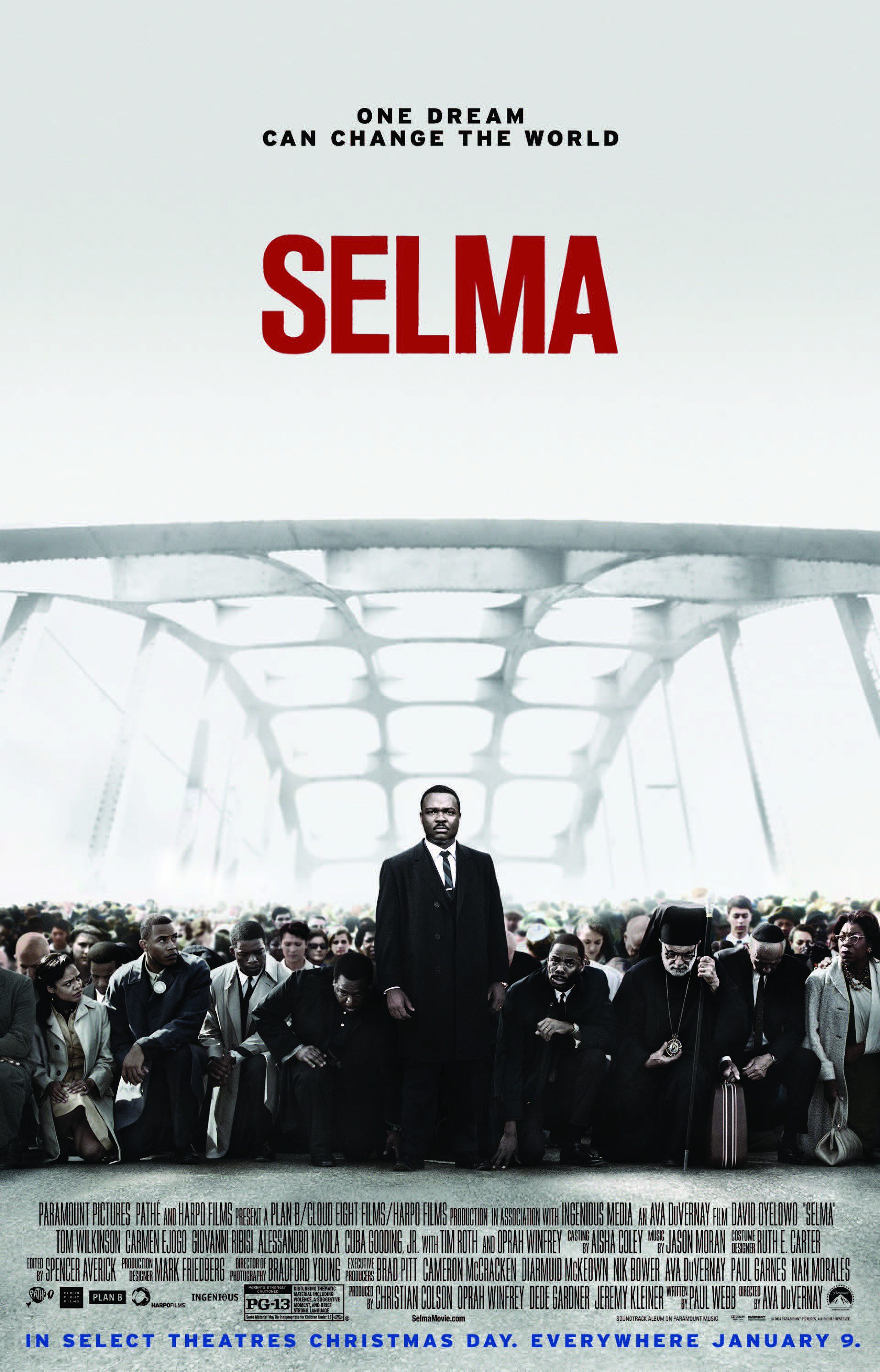 Poster for film Selma, portrayal of Dr. Martin Luther King Jr. surrounded by people on Selma March