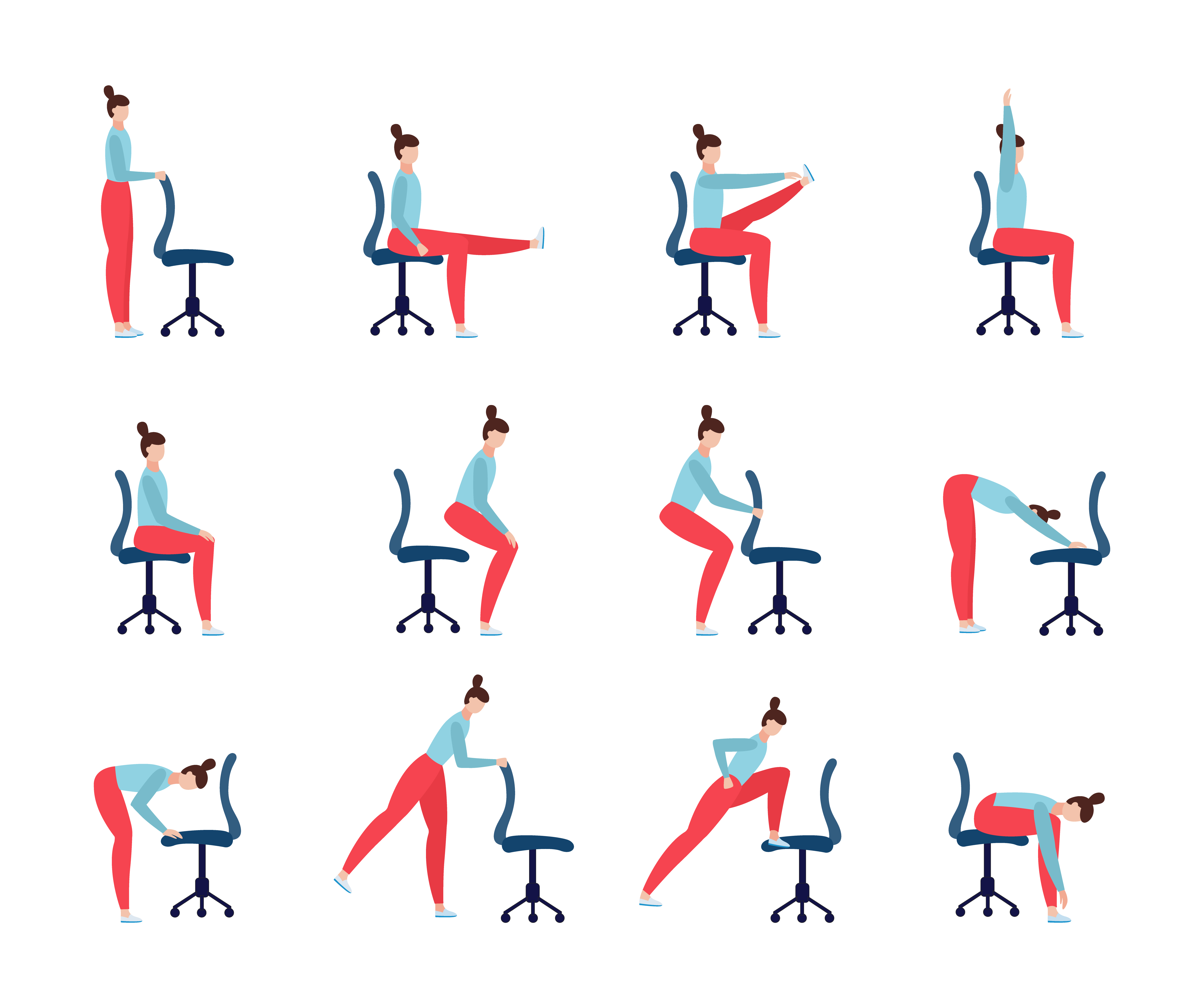 Vector art of person doing various desk chair–assisted exercises