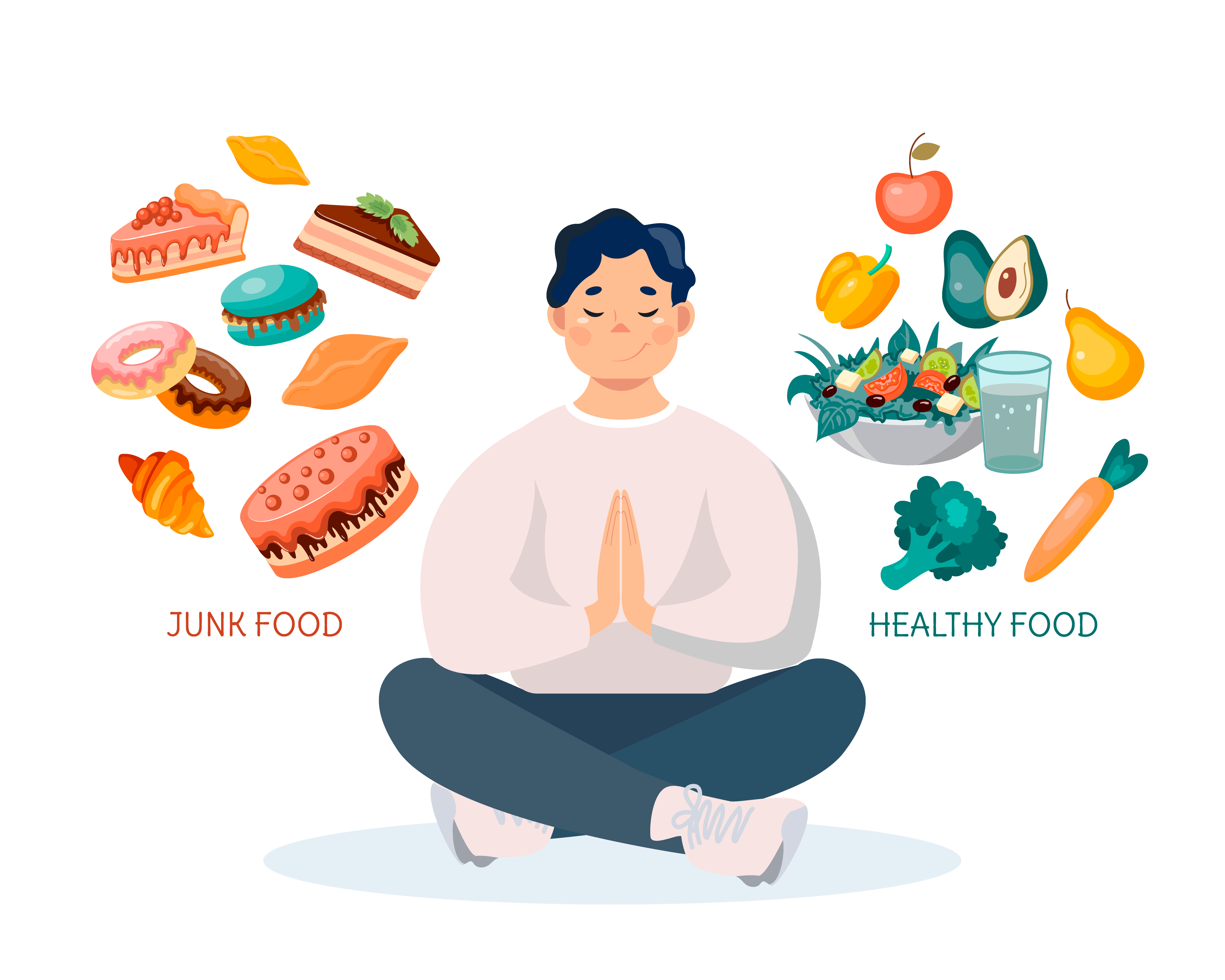 Vector art of Asian man in yoga pose thinking about junk foods and healthy foods