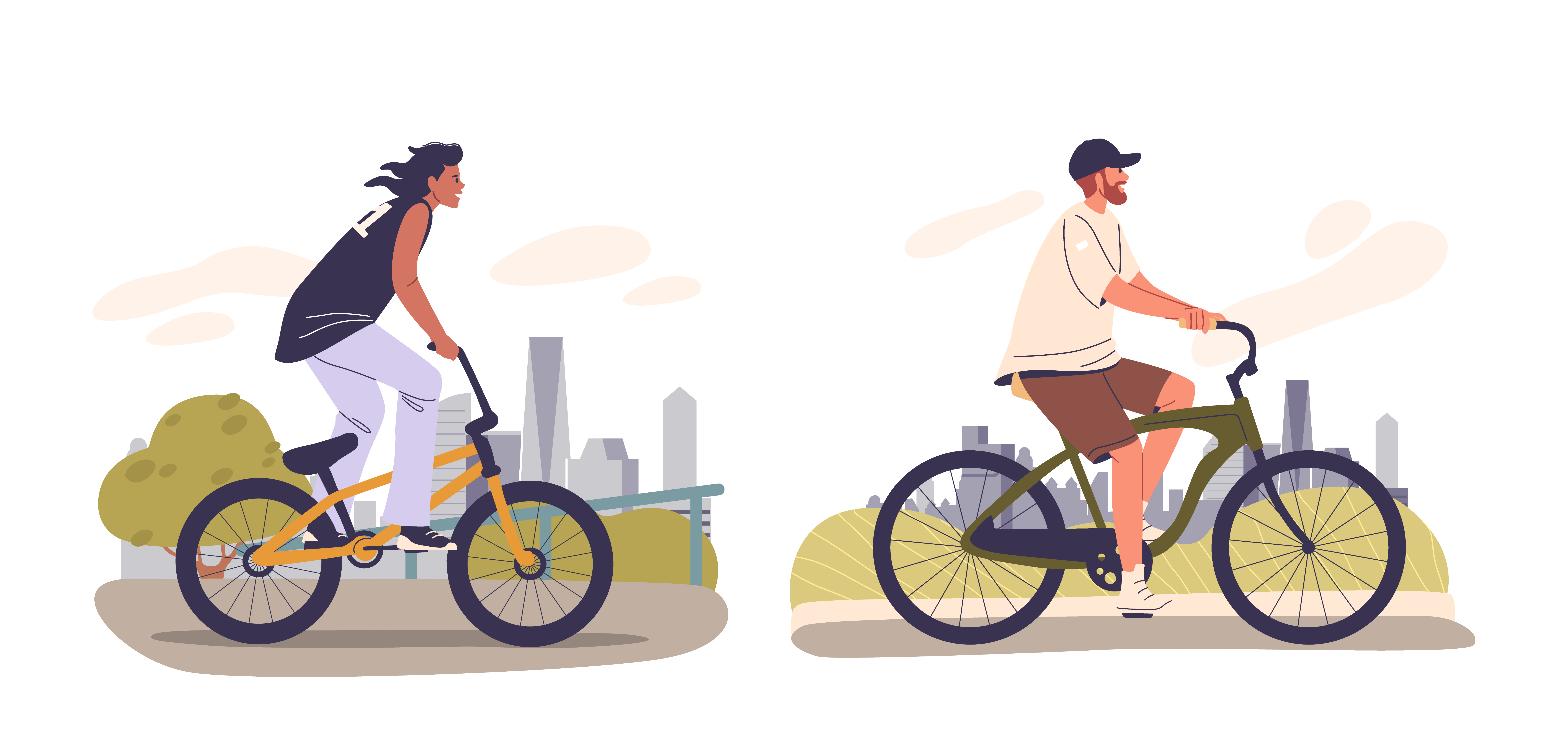 Vector art of two young men riding bikes against city backdrop