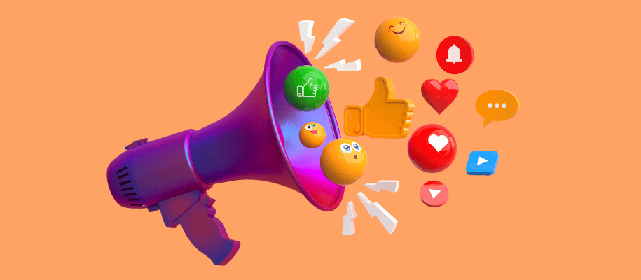Illustrated megaphone with various social media emojis coming out