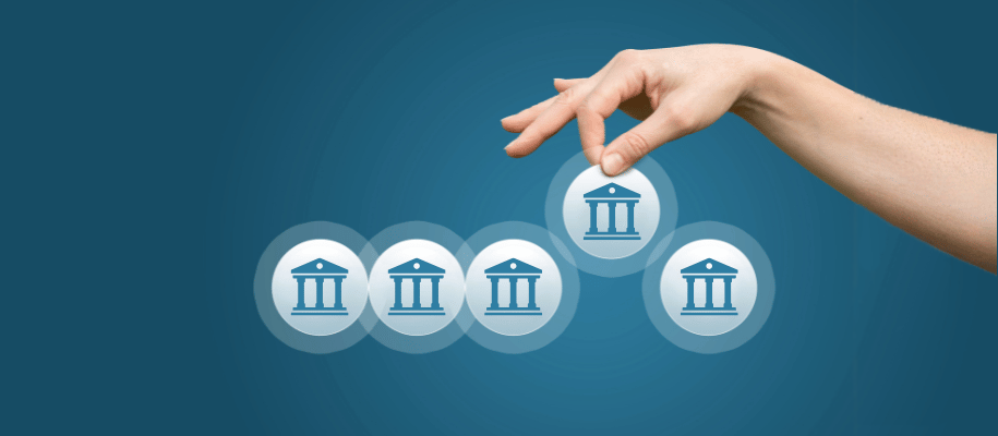 A hand picks a college icon from a line up of other college icons