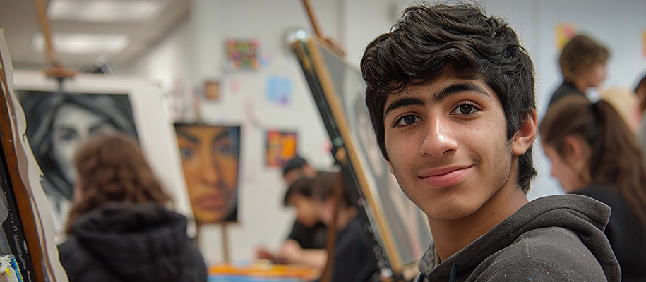 Young Indian male student in sweatshirt smiling at camera in studio art class