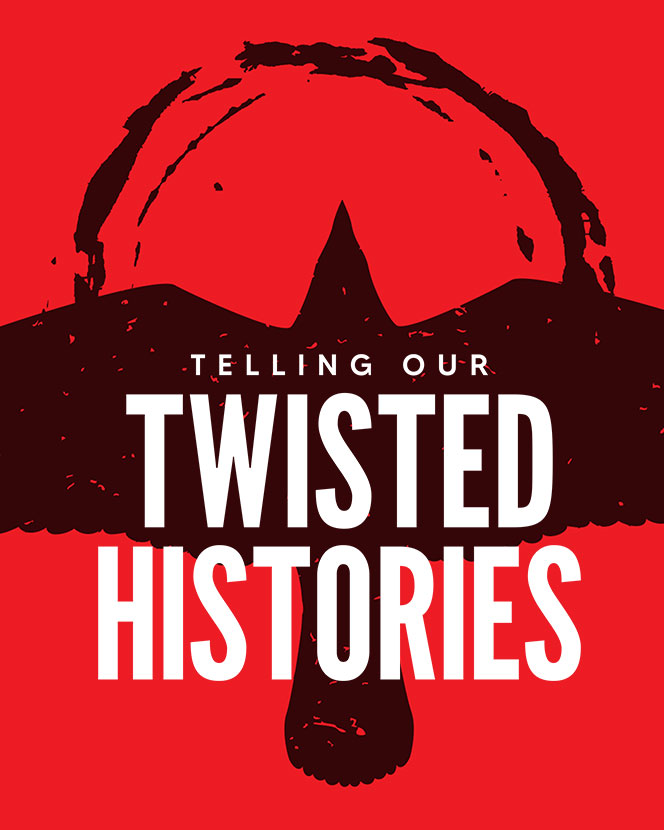 Logo of Telling Our Twisted Histories with crow and broken circle on red background