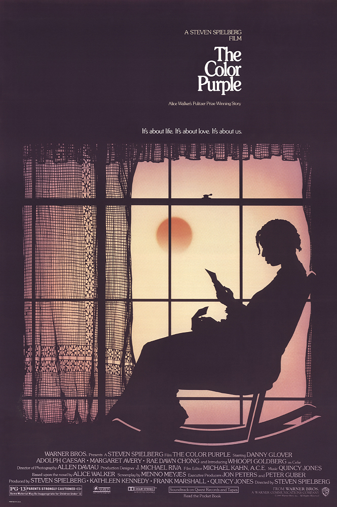 Poster for The Color Purple, Black woman sitting in rocking chair by window with setting sun