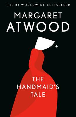 The Handmaid's Tale cover; simple outline of handmaid in red dress and white-winged bonnet	