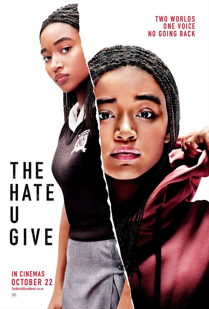 Poster for The Hate U Give, images of main character Starr in school uniform and one in red hoodie split by an image rip