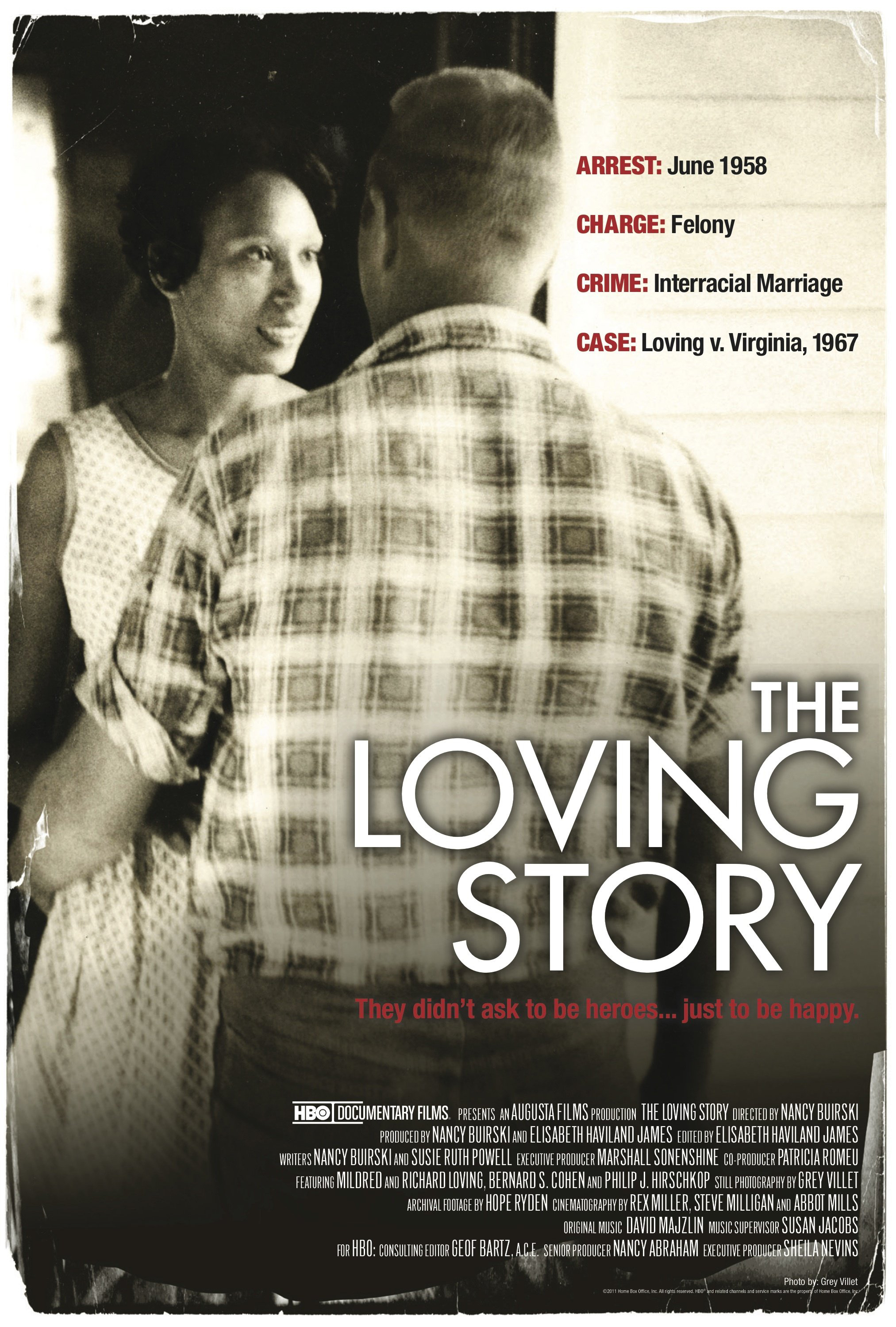 Poster for documentary Loving Story, White man and Black woman embracing on porch