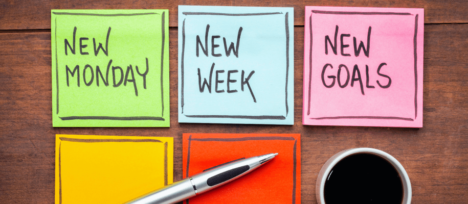 Three sticky notes reading new Monday, new week, new goals with coffee and pen