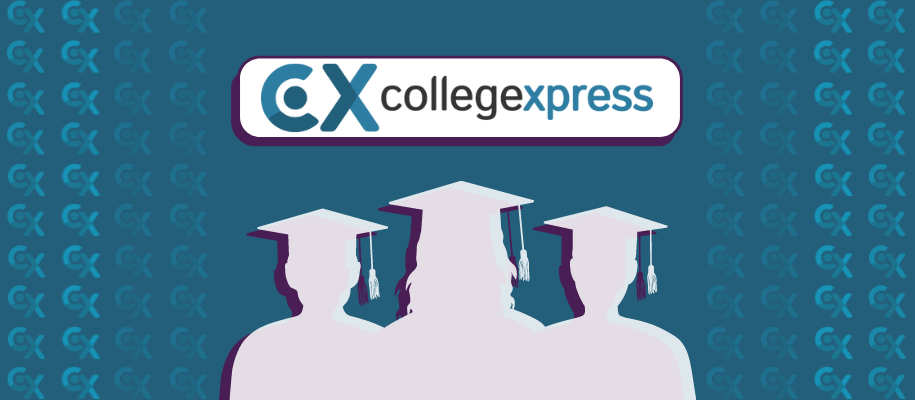 Silhouette of graduates below full CX logo, surrounded by small CX logos