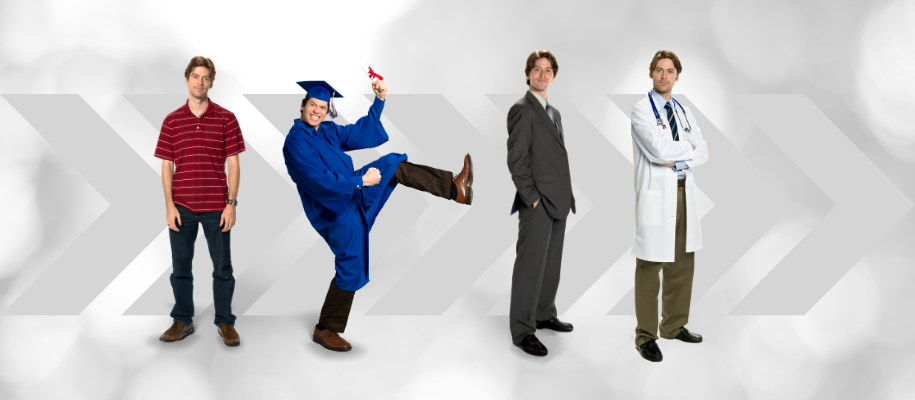 White man on white backdrop in student, graduate, career, doctor stages of life