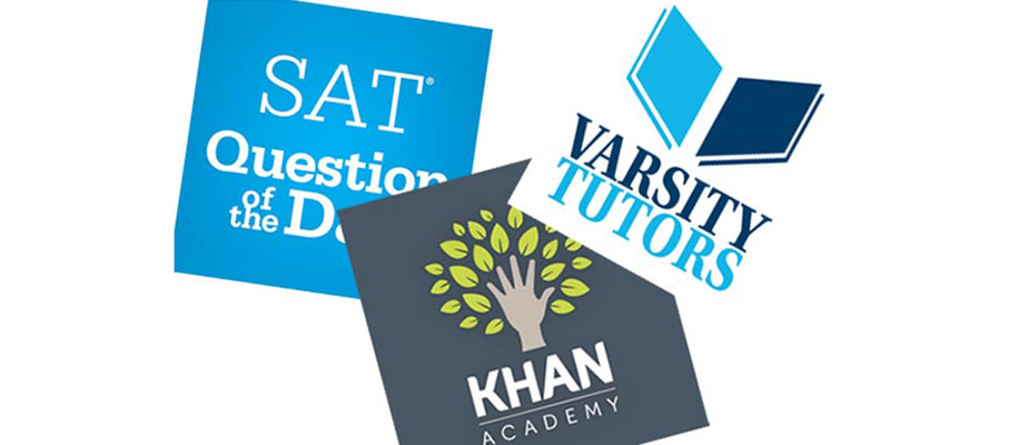 Collage of SAT Question of the Day, Khan Academy, and Varsity Tutors brand icons