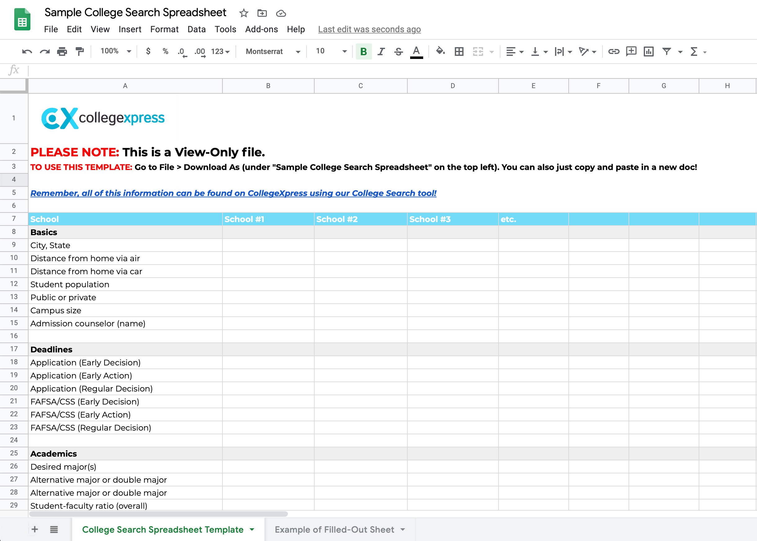 college comparison chart template