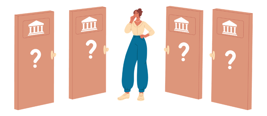 Illustration of a woman deciding between four doors