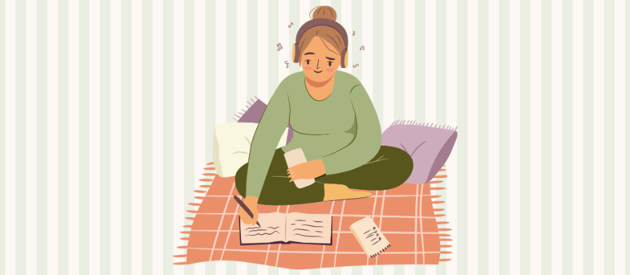 Illustration of a woman wearing headphones sitting on blanket writing notes