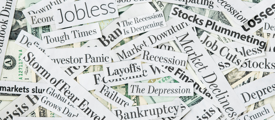 Various headline clippings: jobless, bankruptcy, stocks plummet, market decline