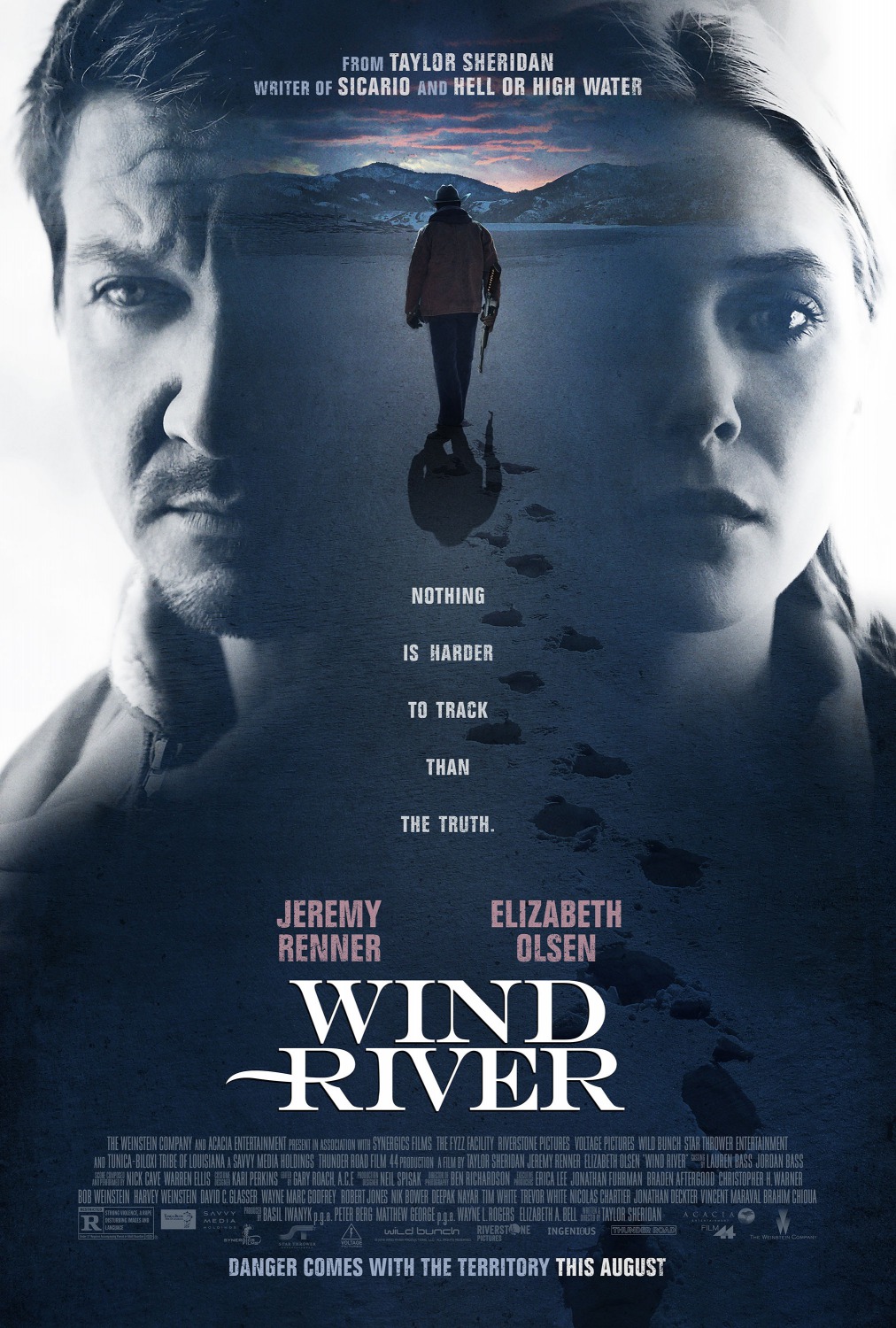 Movie posted for Wind River featuring Jeremy Renner and Elizabeth Olsen in the snow